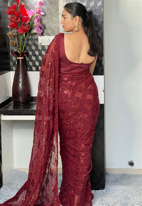 Buy Sequinned Georgette Saree In Maroon Online SPF10965 Utsav Fashion