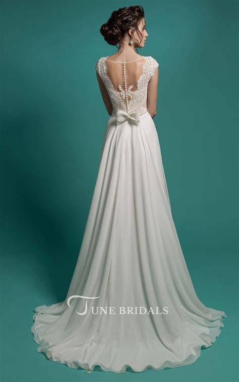 A Line Floor Length V Neck Cap Sleeve Zipper Chiffon Dress With Lace