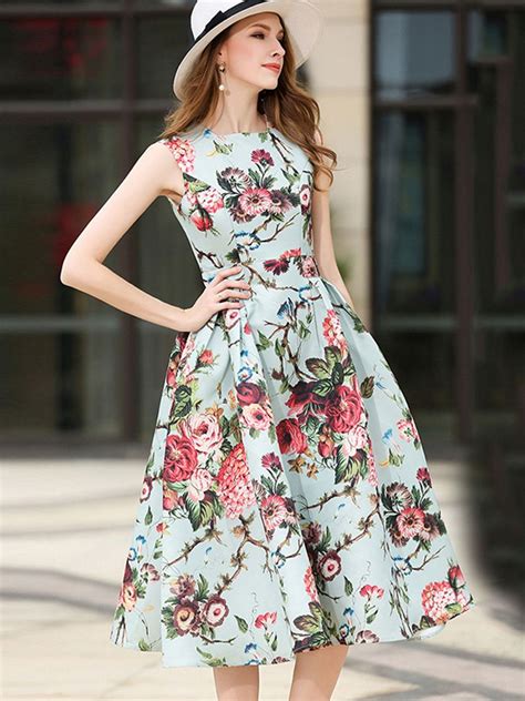 Sleeveless Floral Womens A Line Dress Casual Dresses Midi Dress