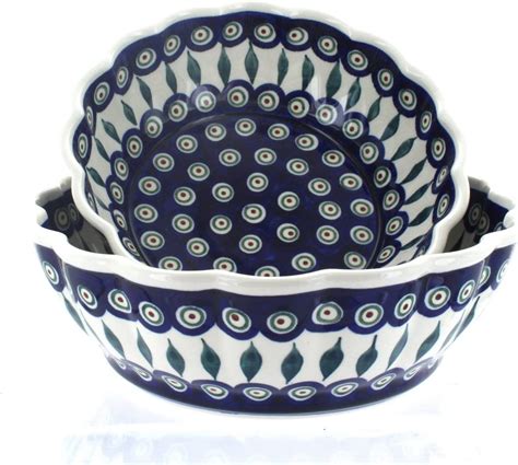 Blue Rose Polish Pottery Peacock Scallop Serving Bowl Set Serving Bowls