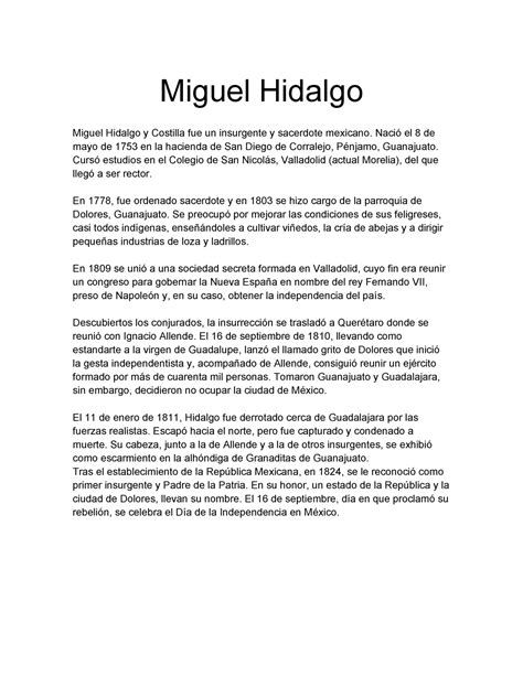 Miguel Hidalgo Es una breve descripción biografía y datos sobre este