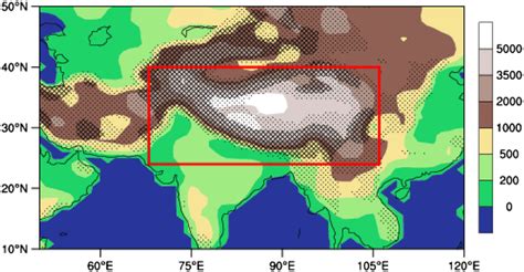 Elevation map of the Tibetan Plateau at a resolution of 0.95° × 1.25°.... | Download Scientific ...