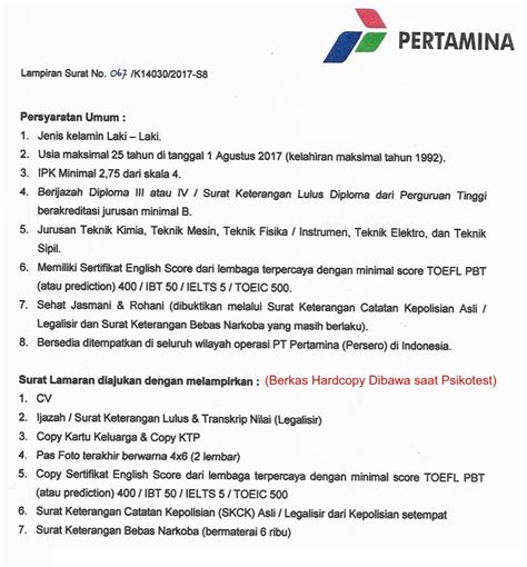 Surat Lamaran Kerja Untuk Pertamina Dokumen Hanna