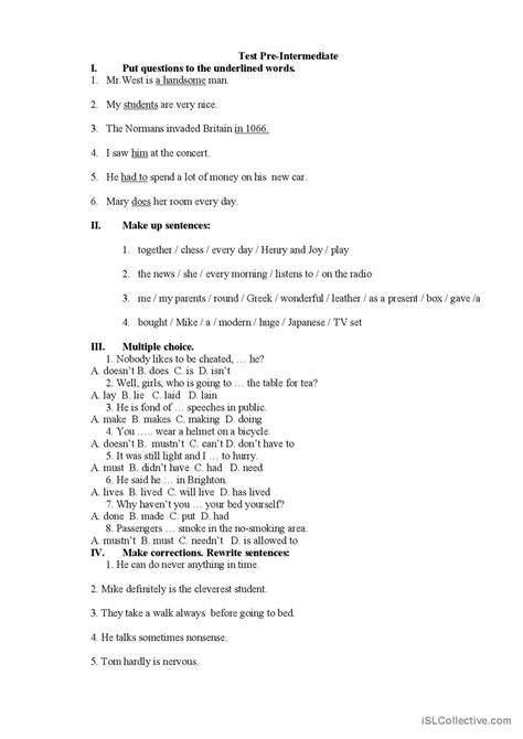 Grammar Test Pre Intermediate English Esl Worksheets Pdf And Doc