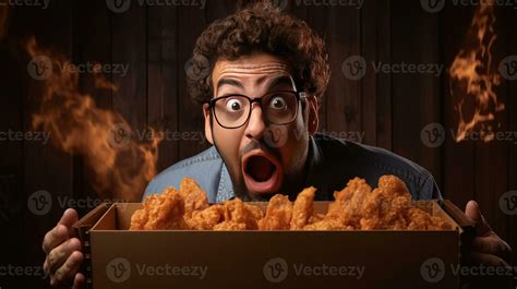 a Surprised expression crate a funny man eating pieces of fried chicken ...