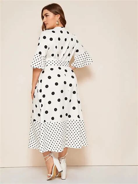 Plus Polka Dot Surplice Front Belted Dress Gagodeal Floral Print