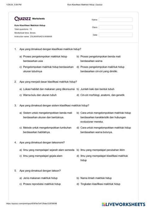 Klasifikasi Makhluk Hidup Live Worksheets