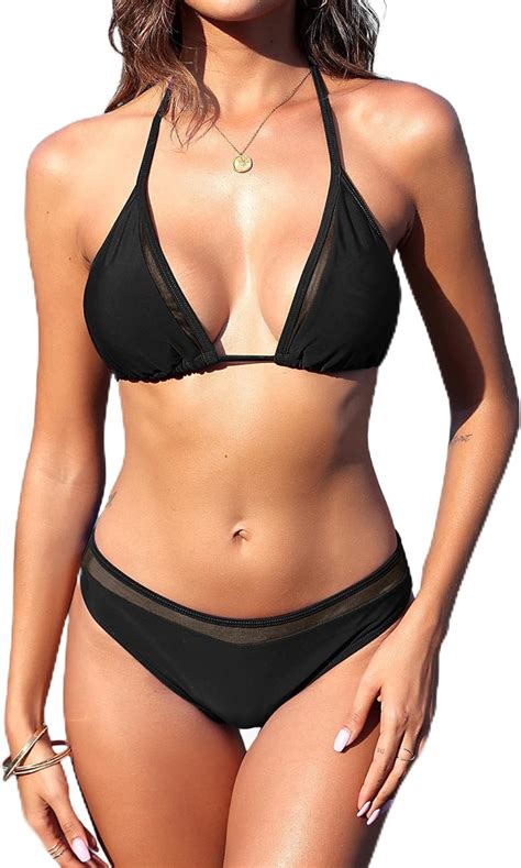 Amazon Zaful Women S Sheer Mesh Bikini Halter Triangle Bikini Tie