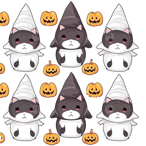 Halloween Kawaii Cat With Costume Vector Seamless Pattern Halloween