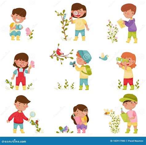 Little Kids Holding Magnifying Glass And Camera Exploring Nature Vector