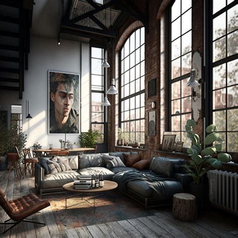 Premium Photo Industrial Style Living Room Loft Generative Ai