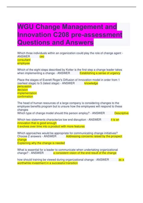 Wgu Change Management And Innovation C Pre Assessment Questions And