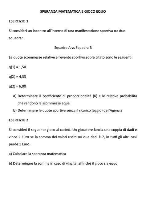 Speranza Matematica Esercizi Speranza Matematica E Gioco Equo