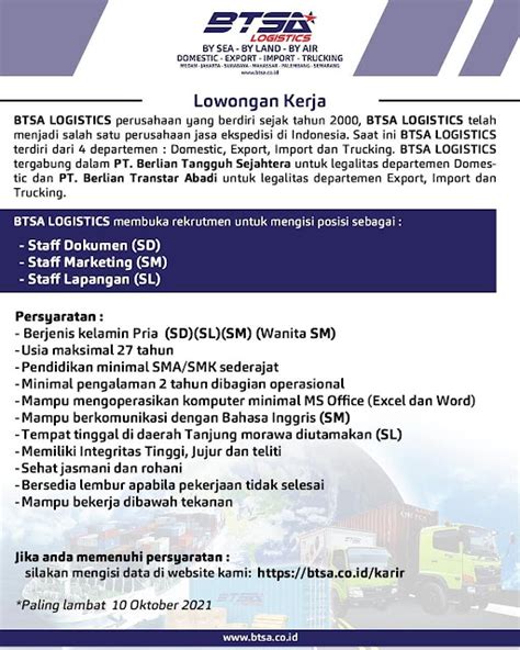 Info Loker Medan Terbaru Perusahaan Ekspedisi Btsa Logistics Medan Medanloker Lowongan