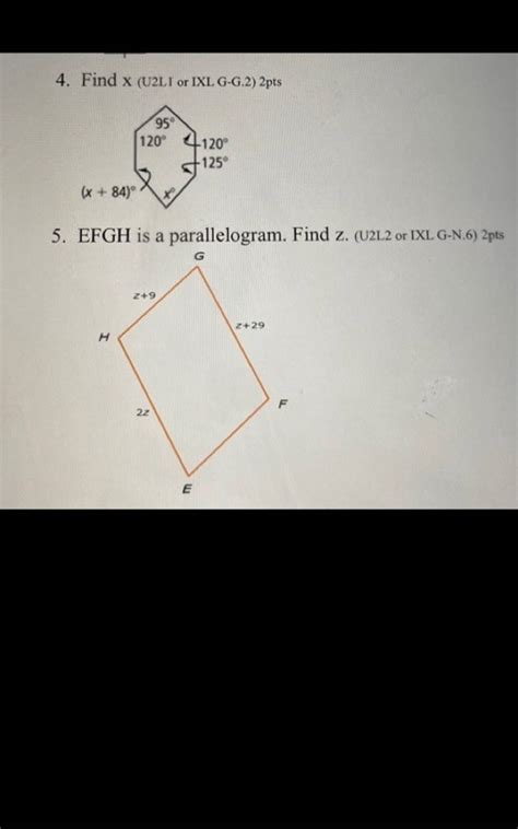 4 Find X U2LI Or IXL G G 2 2 Pts 5 EFGH Is A Parallelogram Find Z