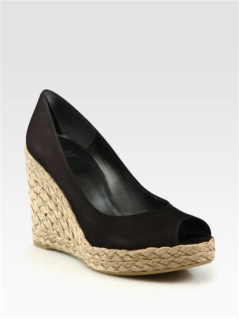 Stuart Weitzman Nubuck Leather Espadrille Peep Toe Wedge Pumps In Black