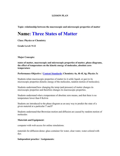 States Of Matter Lesson Plan Lesson Plans Learning