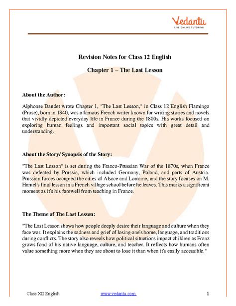 Cbse English Notes For Flamingo Chapter 1 The Last Lesson Class 12 Pdf Class Xii English