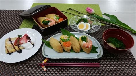 家庭料理 変りいなり寿司 菜の花サラダ 菜の花と白玉のお吸い物 いちごのクレープ 広島の料理教室・カルチャー教室｜広島クッキングスクール