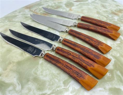 Vintage S Glo Hill Knives Set Bakelite Faux Antlers Handles Steak