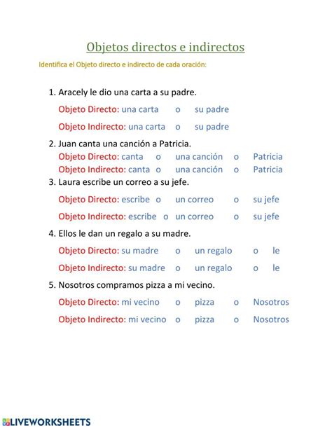 Pronombres De Objeto Directo Worksheet Answers