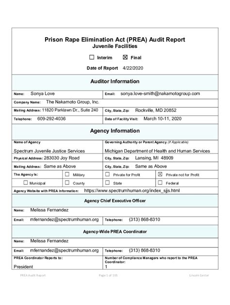 Fillable Online Final PREA Audit Report Spectrum Juvenile Services