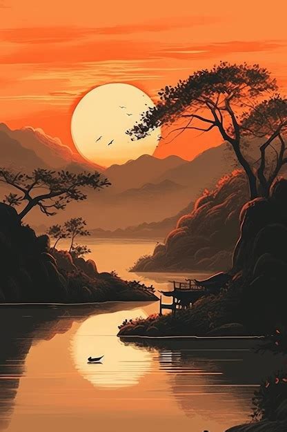 Premium AI Image | Japanese traditional minimalist sunset landscape ...