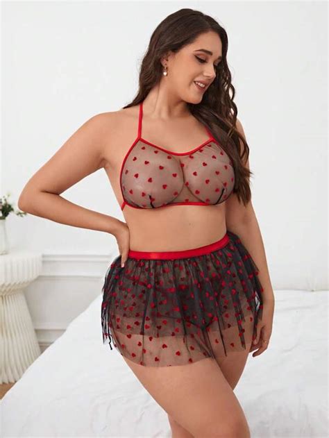 Plus Heart Print Mesh Lingerie Set Shein Usa