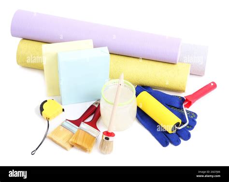 Wallpaper and accessories for glue wallpaper, isolated on white Stock ...