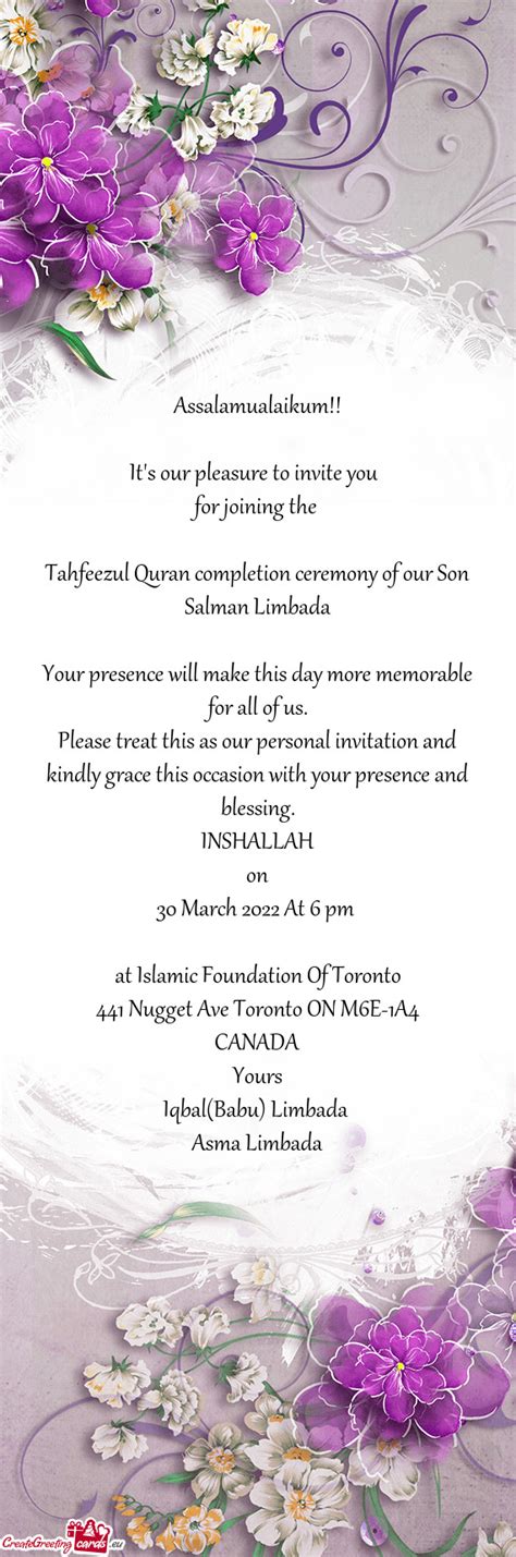 Tahfeezul Quran Completion Ceremony Of Our Son Free Cards