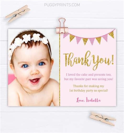 Pink and Gold Birthday Thank You Card With Photo Editable Template ...