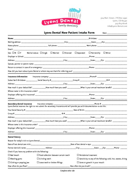 Lyons Dental New Patient Intake Form Fill Online Printable