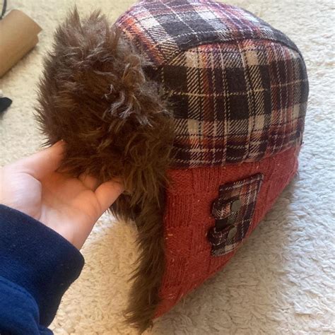 Y2k Plaid Wool Trapper Hat Plaid Orange Trapper Fur Depop