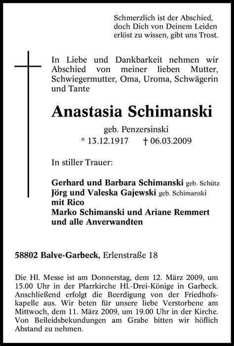 Traueranzeigen Von Anastasia Schimanski Trauer In Nrw De