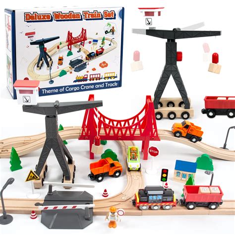 Buy Wood City Wooden Train Set 56 Piece Deluxe Kids Toy Train Set For