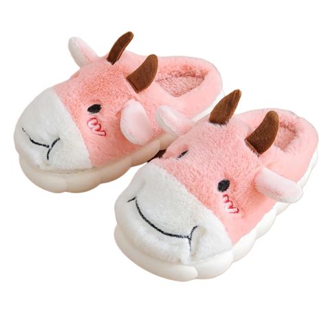 Shuwee Kawaii Fuzzy Cute Cow Slippers For Women Winter Warm Cozy Animal