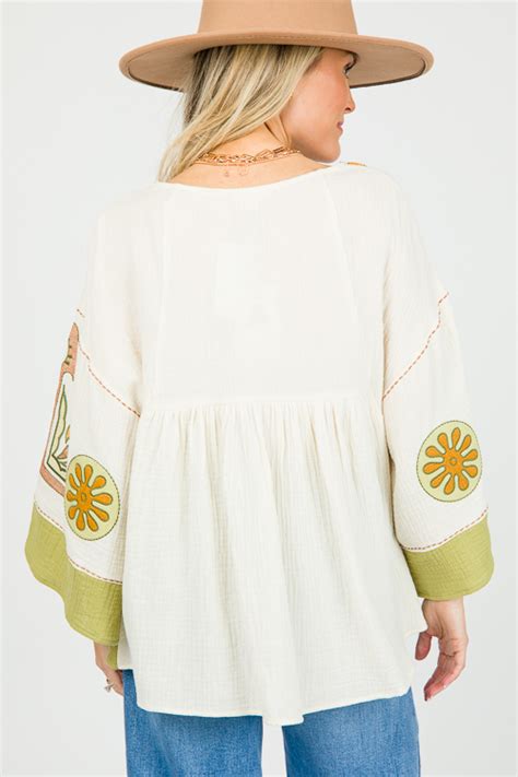 Embroidery Gauze Top Natural Sage New Arrivals The Blue Door Boutique