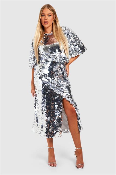 Plus Disc Sequin Blouson Midi Dress Boohoo Uk