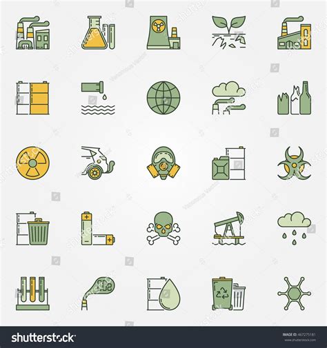 Colorful pollution icons. Vector collection of dark green ecological ...