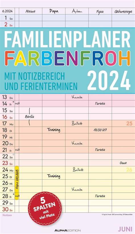 Familienplaner Farbenfroh Mit Spalten Familienkalender X