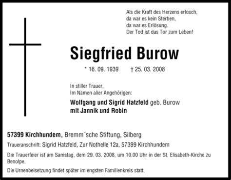 Traueranzeigen Von Siegfried Burow Trauer In NRW De