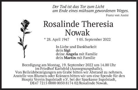 Traueranzeigen Von Rosalinde Theresia Nowak Sz Gedenken De