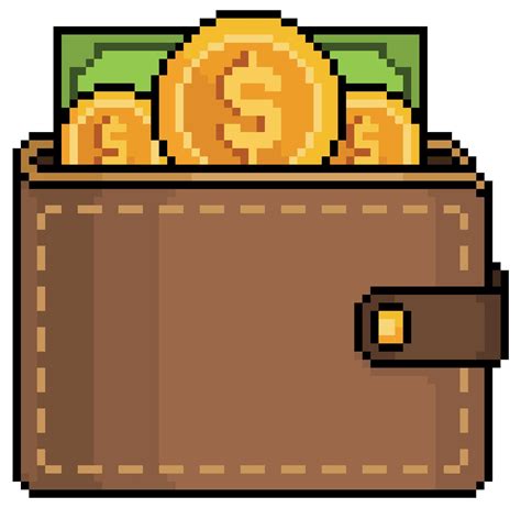 Pixel art wallet with banknotes and coins. wallet with dollars vector