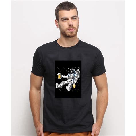 Camiseta Masculina Preta Algodao Astronauta Cerveja Espa O Desenho No