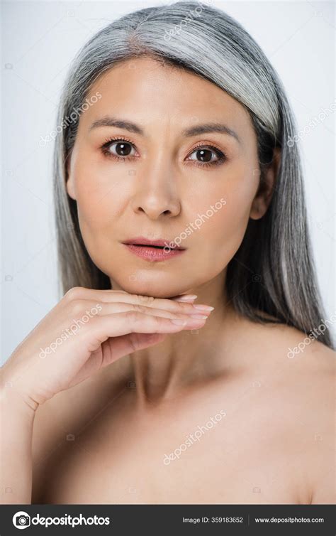 Adult Asian Naked Woman Perfect Skin Grey Hair Isolated Grey Stock Photo By IgorVetushko