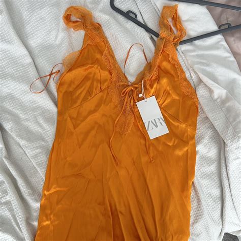 Zara Orange Satin Dress Size L Got Wrong Size Depop