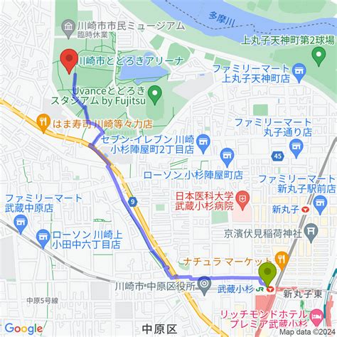 武蔵小杉駅から川崎市とどろきアリーナへのルートマップ Mdata