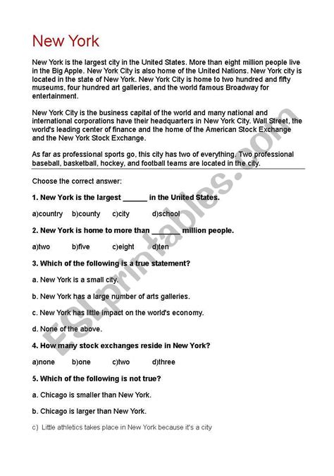 New York Esl Worksheet By Beautifulblue