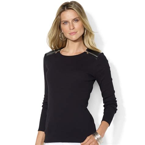 Lyst Lauren By Ralph Lauren Long Sleeve Zip Shoulder Top In Black