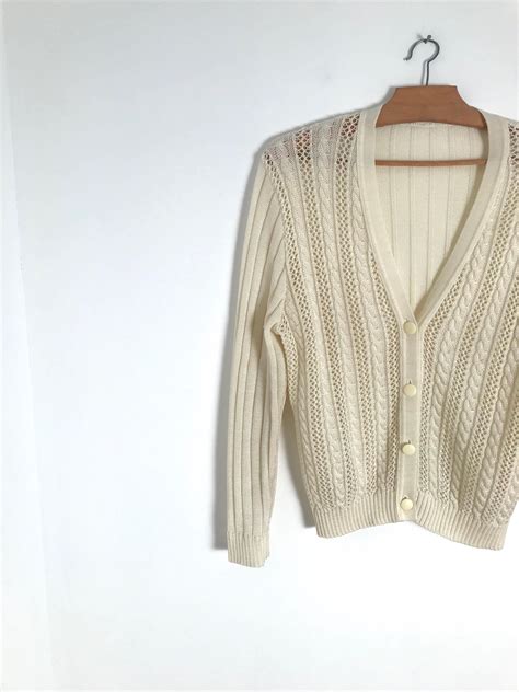 Vintage Cable Knit Cardigan Ivory Button Down Sweater Etsy